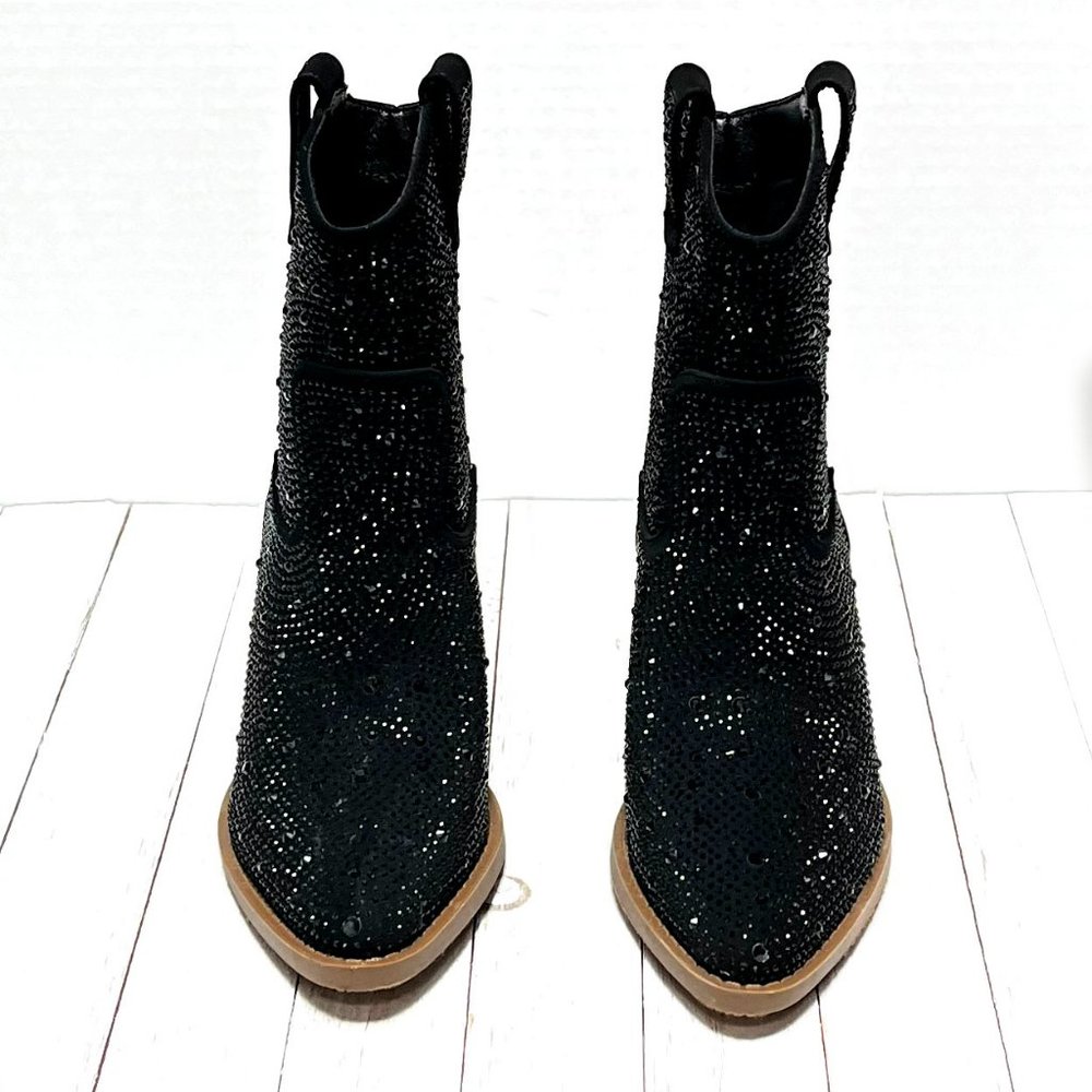 New Black Rhinestone Cowboy Ankle Boots Western Booties - Picture 6 of 8